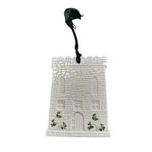 Donagal Belleek creamy white porcelain castle ornament green shamrock details